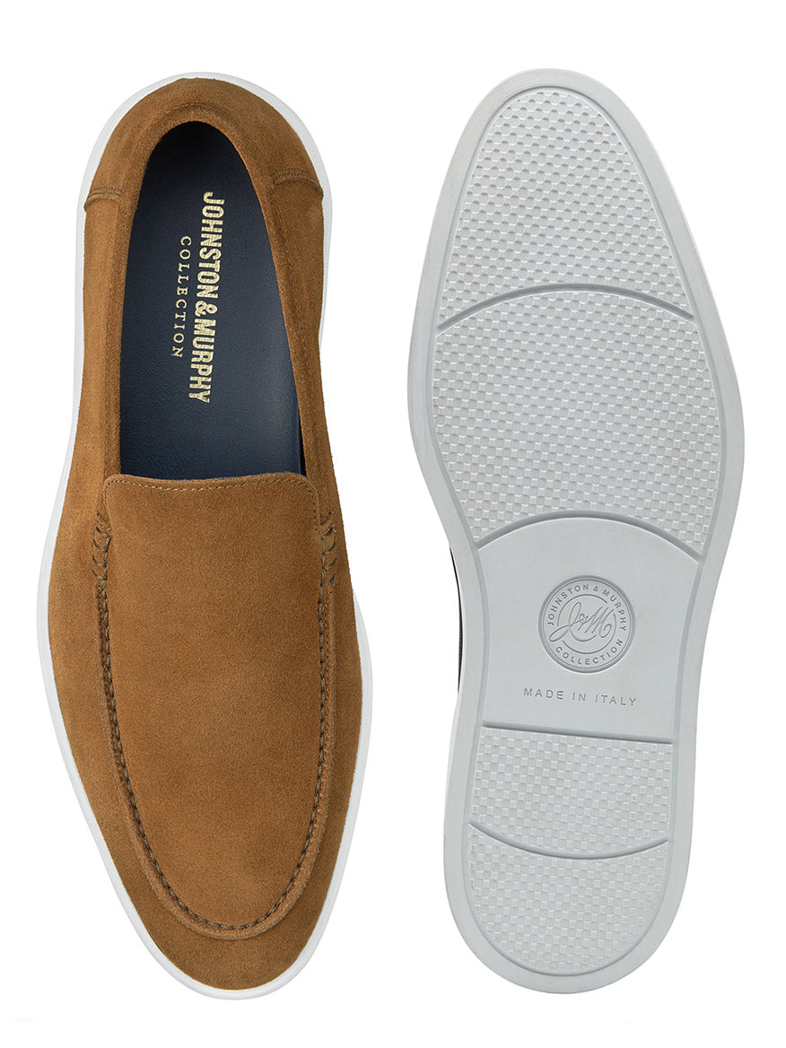 Pair of J & M Collection Bolivar Venetian in Snuff Italian Suede shoes crafted from luxurious Italian suede, featuring white rubber outsoles and a comfortable polyurethane footbed. "Made in Italy" insignia on the sole.