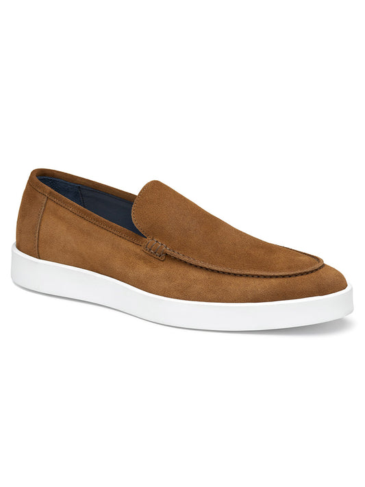 A single J & M Collection Bolivar Venetian in Snuff Italian Suede loafer with a white rubber outsole, viewed from a three-quarter angle.