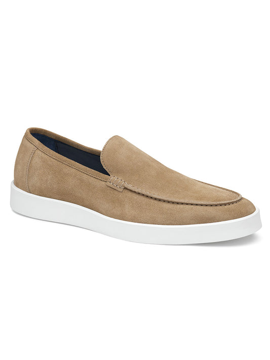 Men's J & M Collection Bolivar Venetian in Taupe Italian Suede slip-on shoe with a white sole.