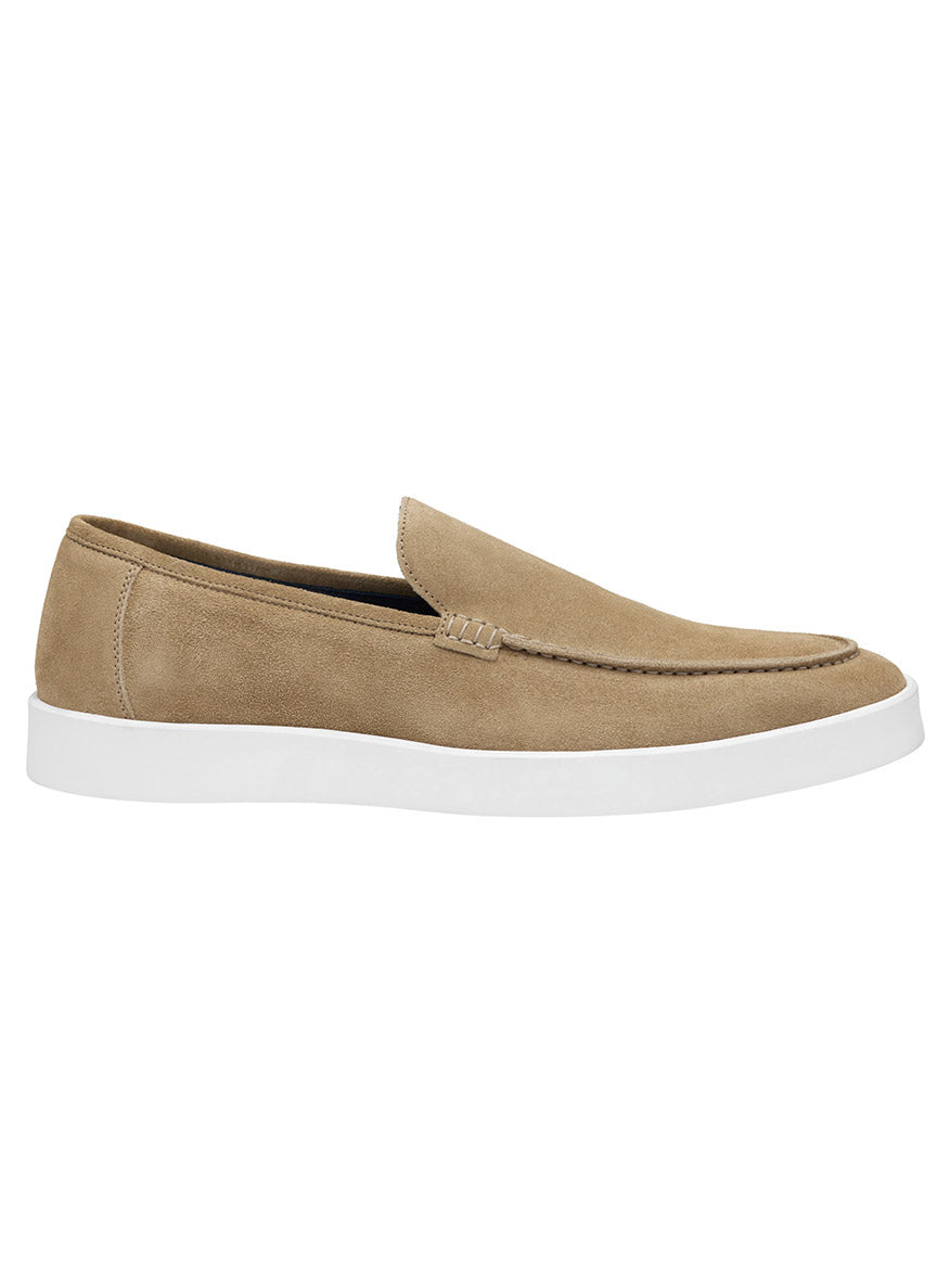 Beige J & M Collection Bolivar Venetian in Taupe Italian Suede slip-on loafer with white rubber outsole.