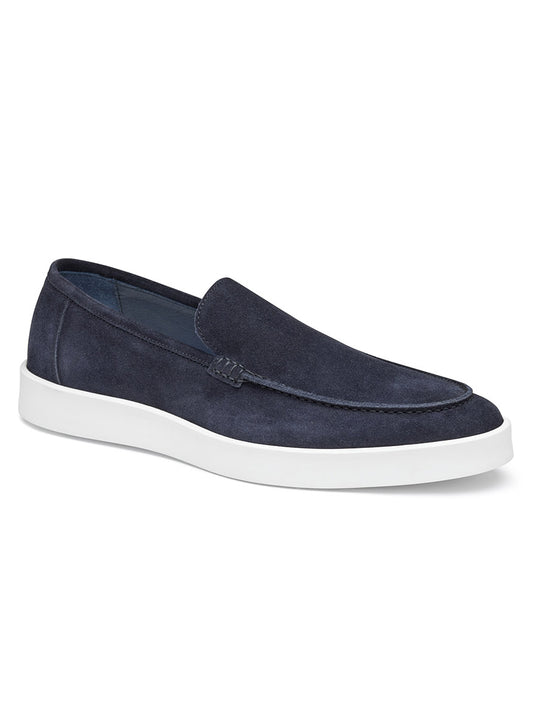 J & M Collection Bolivar Venetian in Navy Italian Suede slip-on loafer with a white rubber outsole, displayed against a plain white background.