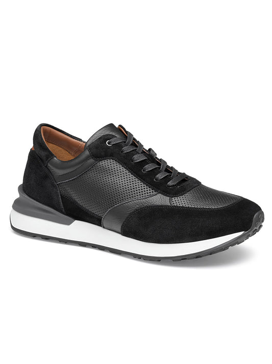 A single J & M Collection Briggs Jogger in Black Full Grain/Suede men's athletic sneaker made from Italian leather with a white sole and lace-up front.