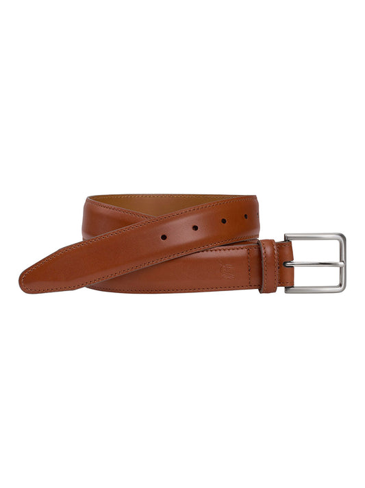 A J & M Collection Flint Belt in Cognac Italian Calfskin with a brushed nickel buckle, isolated on a white background.