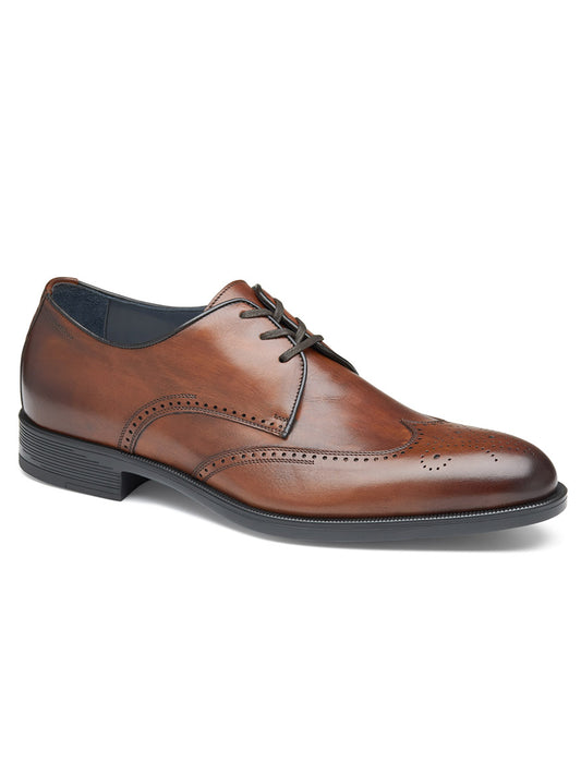 A single J & M Collection Flynch Wing in Tan Italian Calfskin with brogue detailing, black laces, and a black sole, featuring luxurious leather linings.