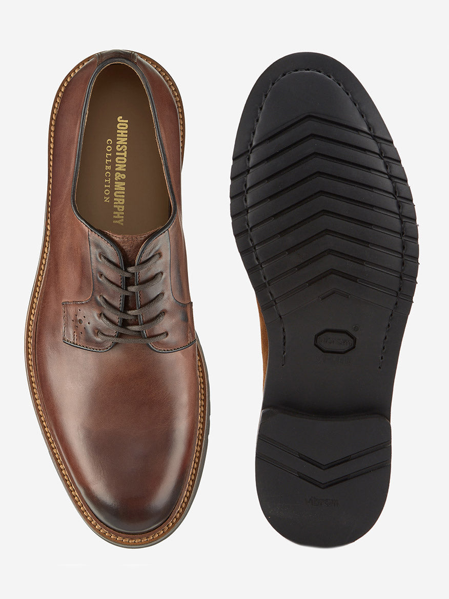 J & M Collection Hartford Plain Toe in Tan Italian Calfskin—brown leather dress shoes with visible stitching, one shown from above and one displaying a black Vibram EVA treaded sole.