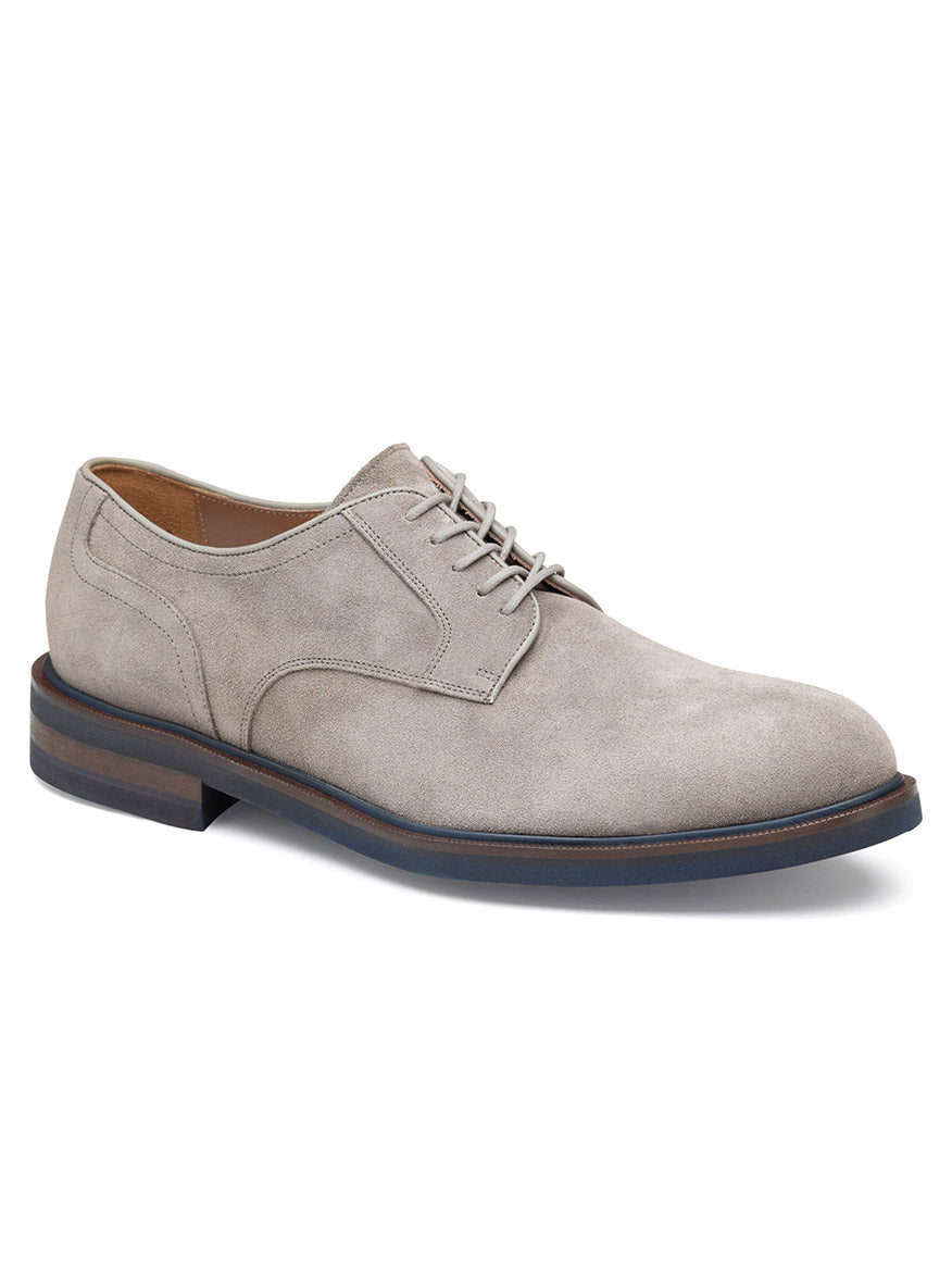 A single J & M Collection Hartley Plain Toe in Grey Italian Suede with laces, a low stacked heel, and a dark contrasting Vibram EVA outsole on a white background.