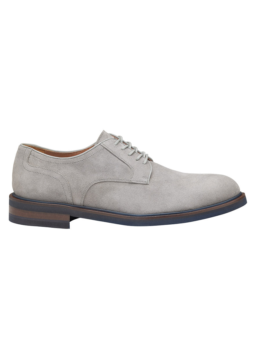 J & M Collection Hartley Plain Toe in Grey Italian Suede with a low heel, leather lining, and a dark blue Vibram EVA outsole.