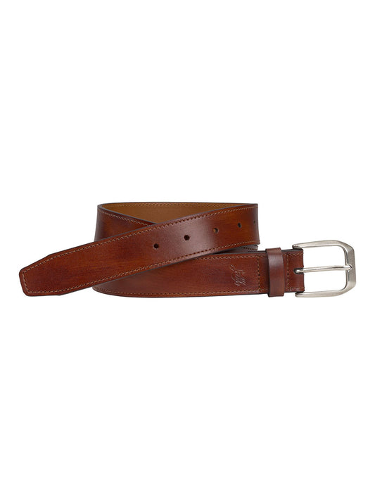 A J & M Collection Jameson Belt in Cognac Italian Calfskin with a brushed nickel buckle, isolated on a white background.