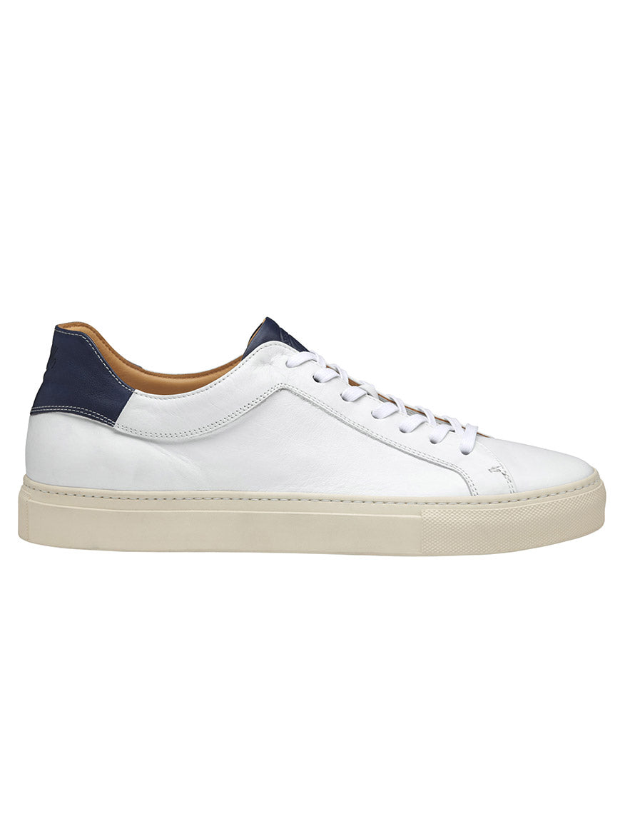 J & M Collection Jared Lace-To-Toe in White Italian Calfskin low-top sneaker with dark heel accent, off-white sole, and leather lining.