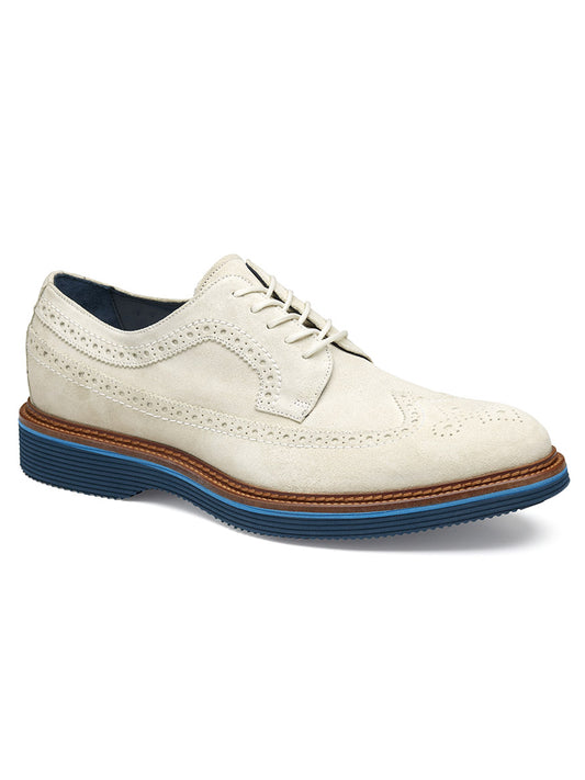 J & M Collection Jenson Longwing in Off-White Italian Suede dress shoe with blue XL EXTRALIGHT® High Abrasion EVA outsole.