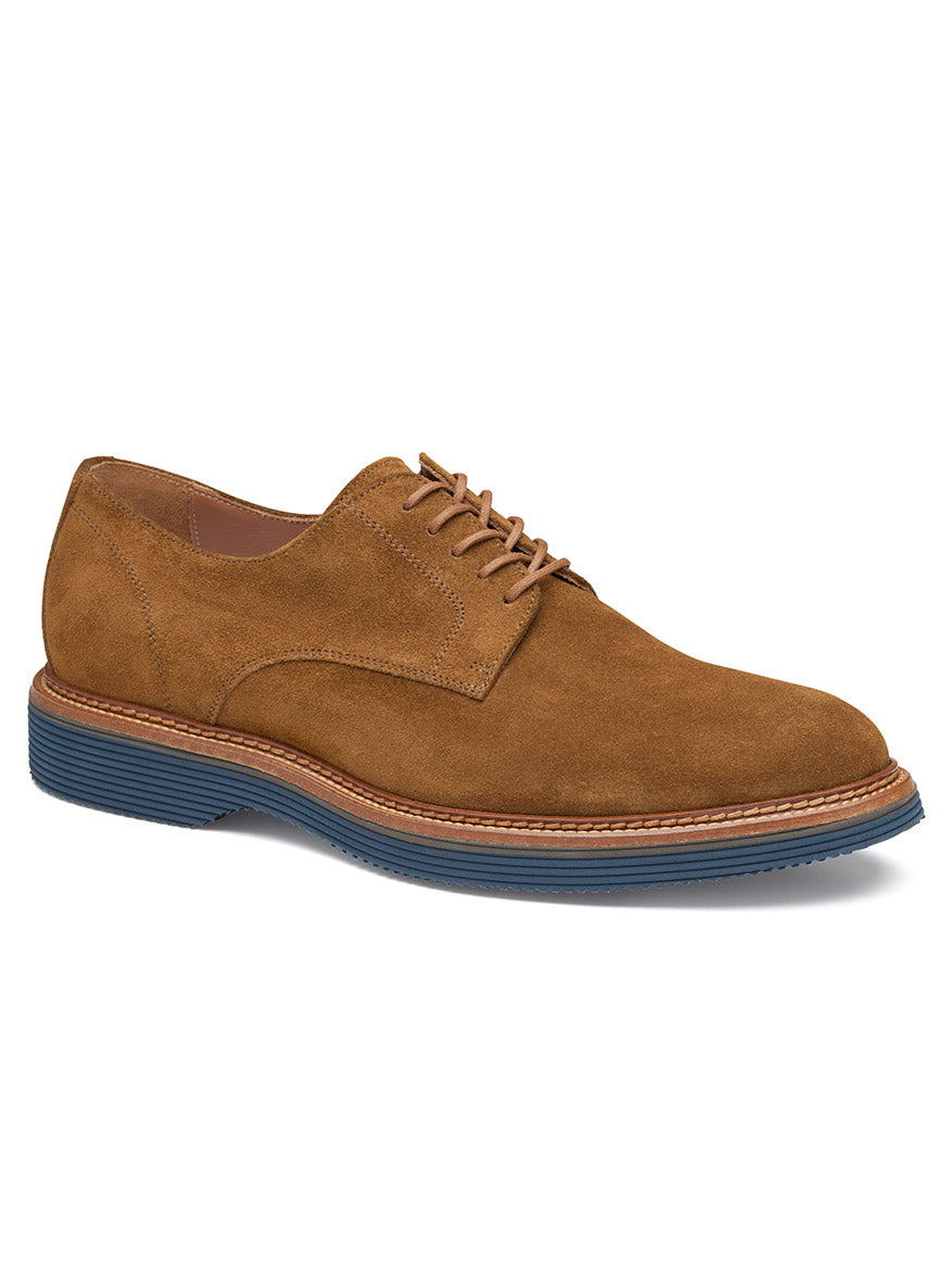 The J & M Collection Jenson Plain Toe in Snuff Suede features a tan sole, blue XL EXTRALIGHT® High Abrasion EVA outsole, and tan laces.