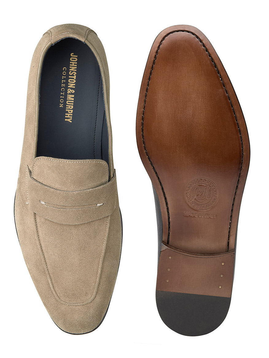 A pair of J & M Collection Taylor Penny in Taupe Italian Suede loafers viewed from above, showcasing the top and sole of the shoes.