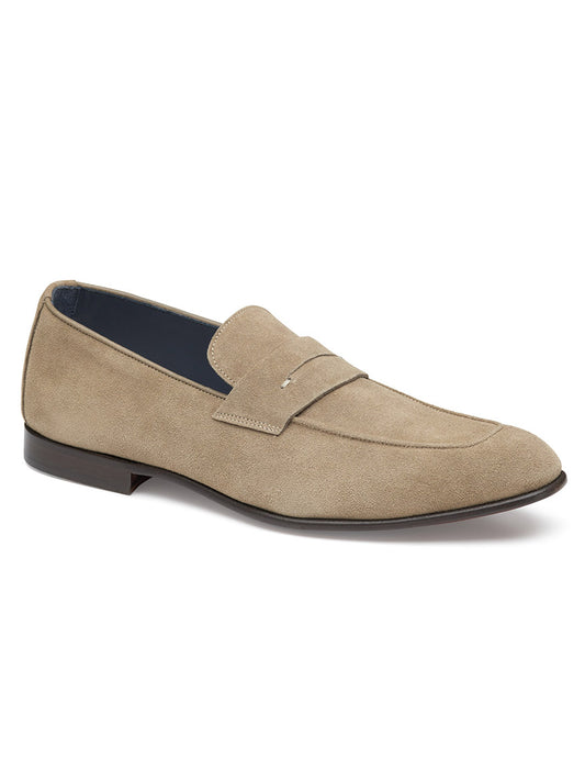 J & M Collection Taylor Penny in Taupe Italian Suede loafer with a cushioned footbed on a white background.