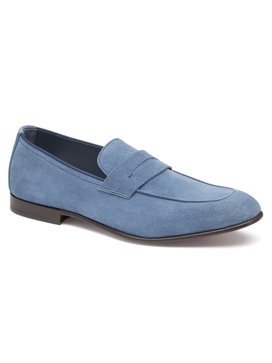 A single J & M Collection Taylor Penny in Denim Italian Suede loafer on a white background.