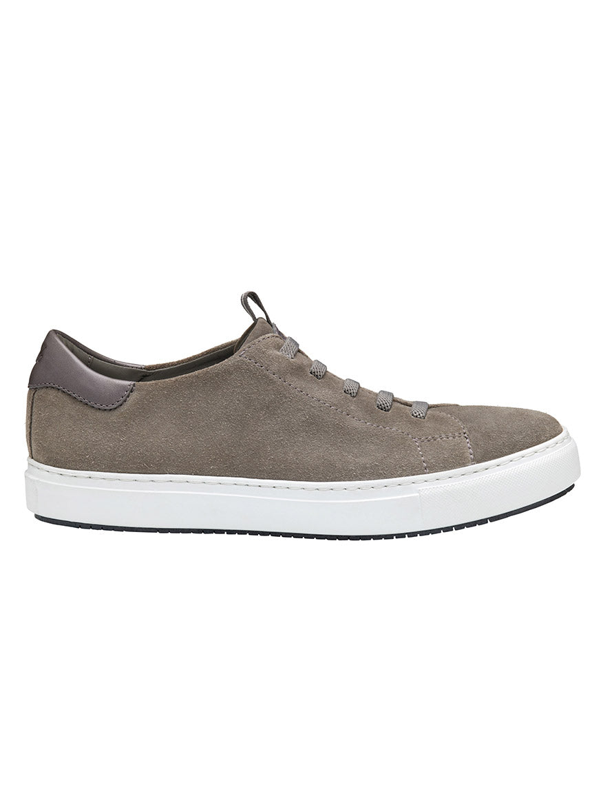 The J & M Collection Anson Lace-to-Toe in Grey English Suede is a retro-style sneaker with premium gray suede, a white sole, gray laces, and a dark gray heel accent, shown from the side.