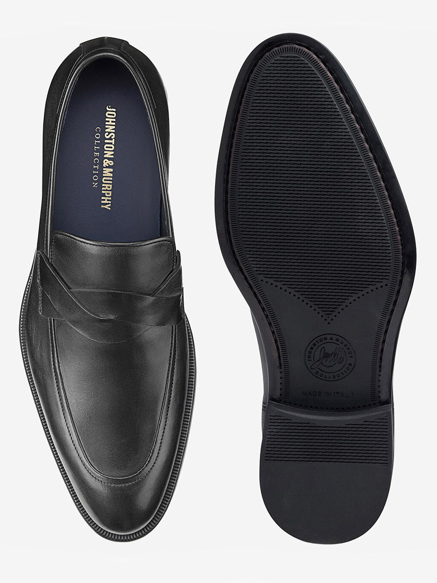 The J & M Collection Flynch Braided Strap Loafer in Black Italian Calfskin is displayed; one shoe shows the top with stitching details, while the other reveals a sole with a logo and textured grip, capturing classic dress-shoe elegance.
