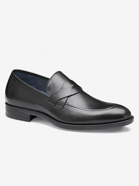 The J & M Collection Flynch Braided Strap Loafer in Black Italian Calfskin is a handcrafted Italian shoe set against a plain white background.