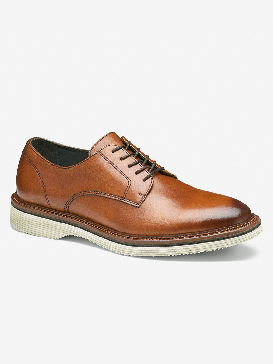 The J & M Collection Jenson Plain Toe in Tan European Calfskin features a refined side view with brown leather, black laces, and a white EVA sole.