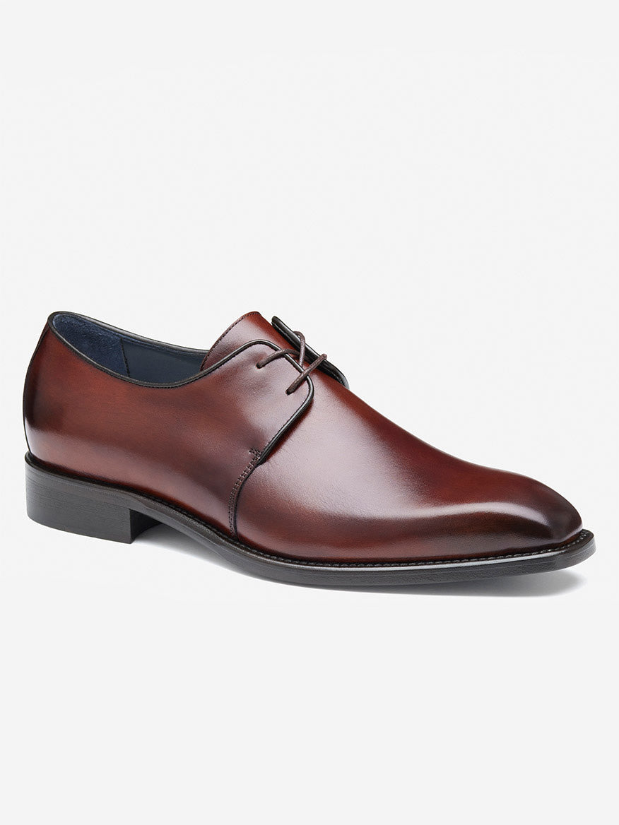 The J & M Collection Larson 2-Eye Plain Toe in Mahogany Italian Calfskin is a handcrafted dress shoe with a brown leather finish, smooth texture, and innovative comfort. Its lace-up design and low heel add elegance, beautifully showcased on a white background.