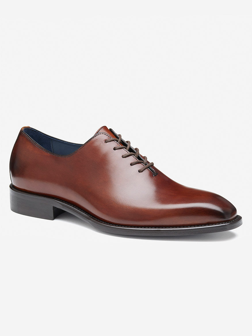 The J & M Collection Larson Plain Toe is a mahogany Italian calfskin leather dress shoe with laces, showcasing a polished finish and low heel, set against a plain white background.