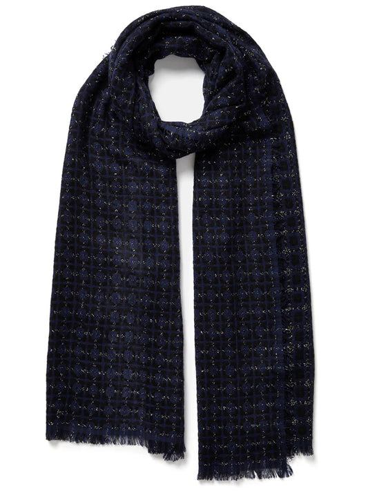 Jane Carr The Tile Scarf in Black/Navy with fringe and subtle pattern detail.