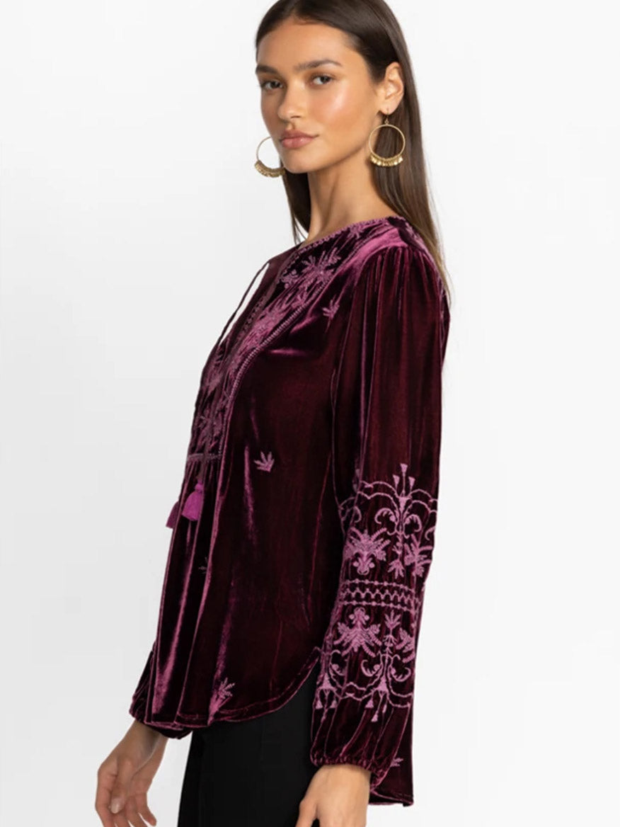 Johnny Was Palmira Curved Hem Prairie Blouse in Eggplant