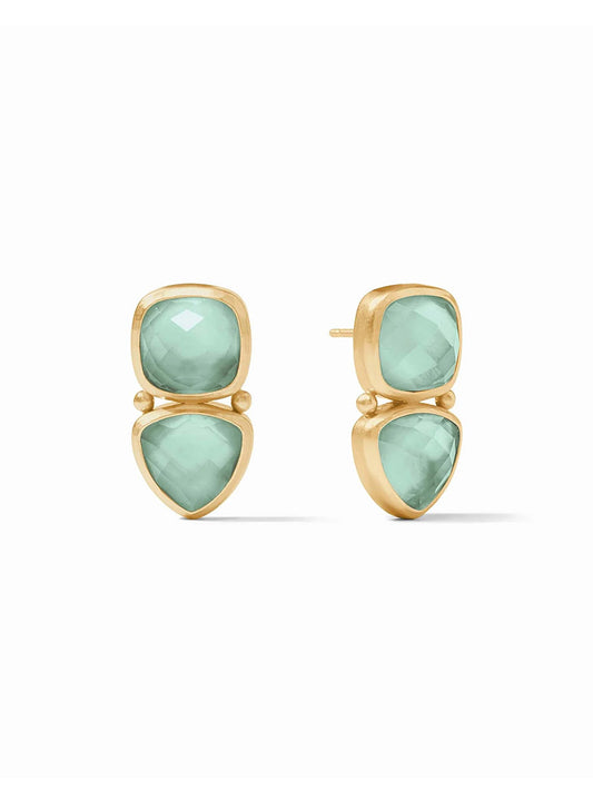 Julie Vos Aquitaine Midi Earring in Iridescent Aquamarine Blue featuring a round and teardrop-shaped light green gemstone in a 24K gold plate bezel setting, displayed on a white background.