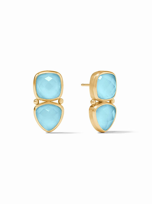 A pair of Julie Vos Aquitaine Midi Earrings in Iridescent Capri Blue featuring two trillion cut light blue gemstones each, displayed on a white background.