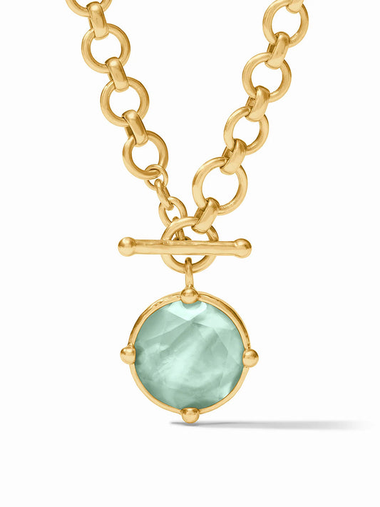 Julie Vos Honeybee Demi Necklace in Iridescent Aquamarine Blue toggle necklace featuring a large, round, prong-set rose cut green gemstone pendant.