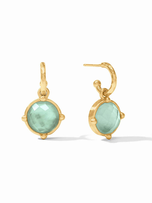 Julie Vos Honeybee Hoop & Charm Earring in Iridescent Aquamarine Blue with faceted aqua gemstone pendants and a reversible charm on a white background.
