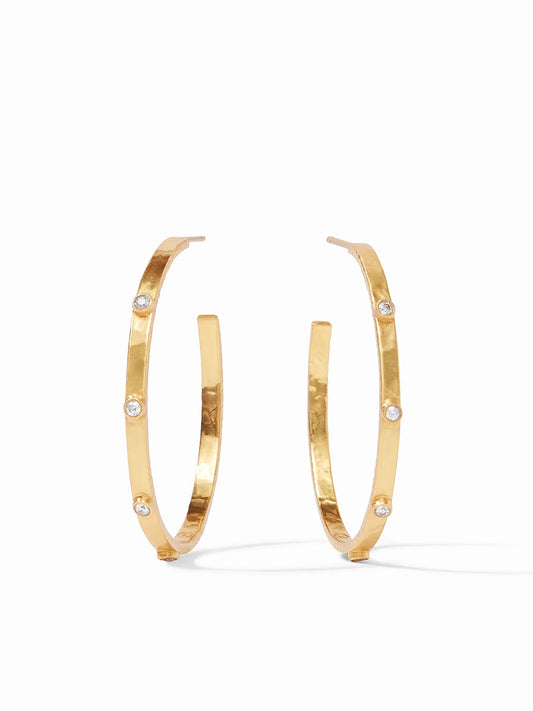A pair of Julie Vos Crescent Stone Hoop Earrings in Cubic Zirconia - Large Gold, displayed against a white background.