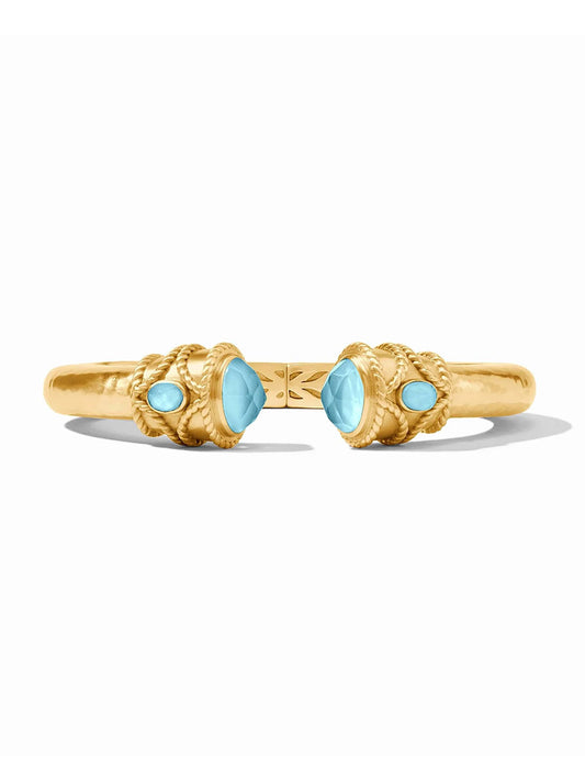 Julie Vos Nassau Demi Cuff in Iridescent Capri Blue with twin turquoise gemstones set in detailed gold bezels, displayed on a white background.