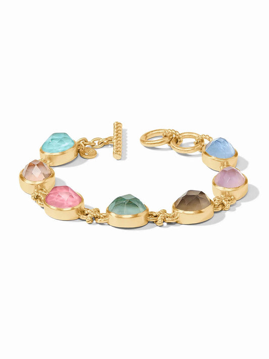 Julie Vos Nassau Demi Stone Bracelet in Iridescent Multi Stone featuring multicolored oval gemstones with a toggle clasp on a white background.