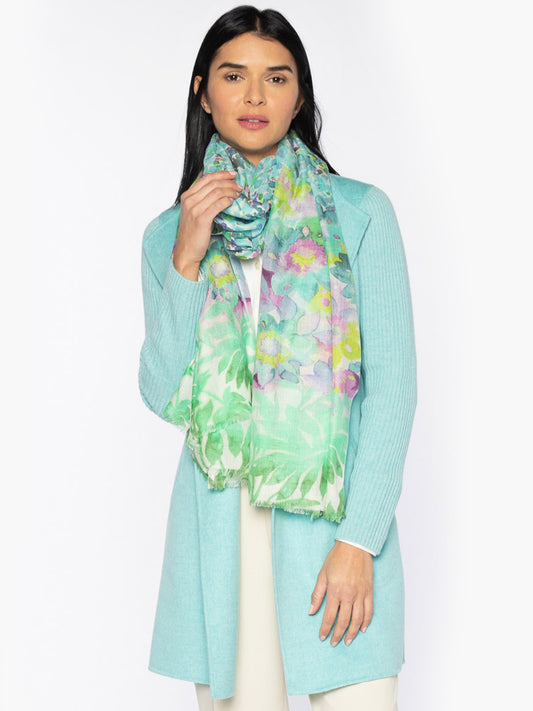 Woman posing in a light blue coat and Kinross Botanical Blooms Print Scarf in Multi.