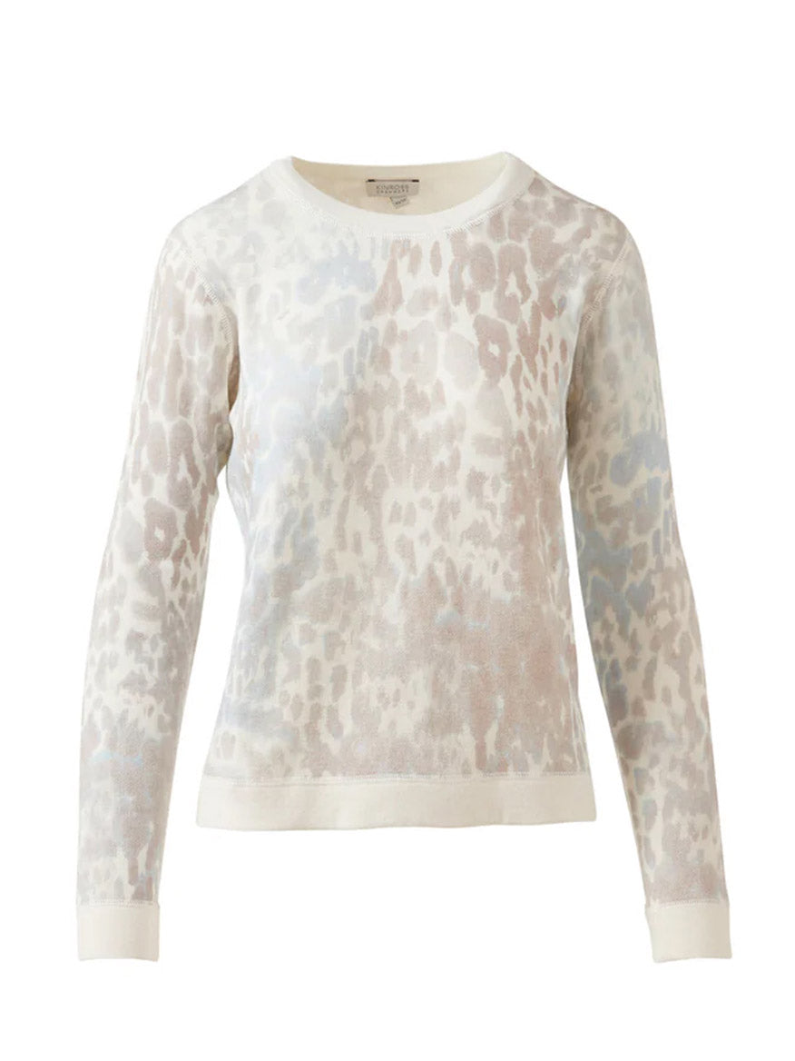 The Kinross Leopard Print Sweatshirt in Multi features a light beige and white leopard pattern on soft cotton-cashmere, shown against a white background.