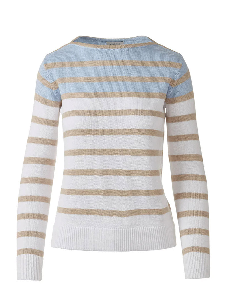 The Kinross Striped Boatneck in Straw Multi features horizontal beige and light blue stripes on white, crafted from SuperSoft Cotton and shown from the back.
