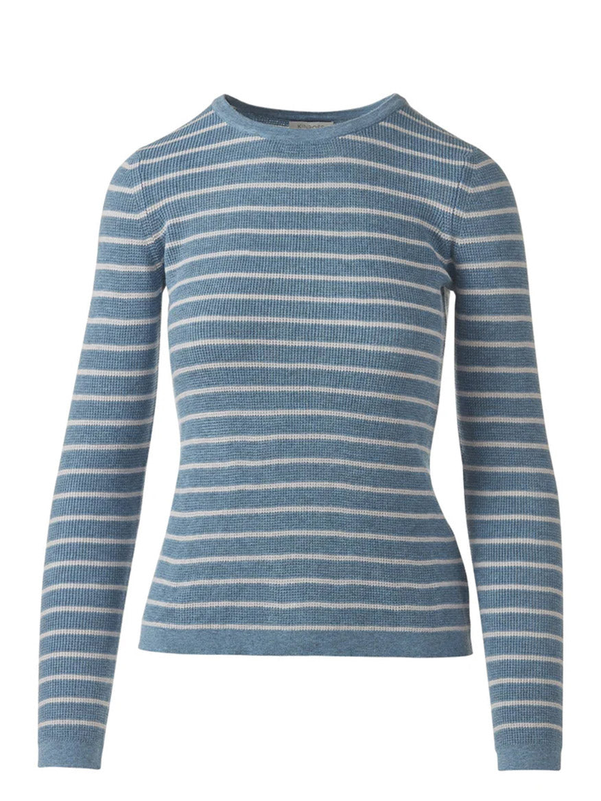 The Kinross Texture Stripe Crew in Denim/Greystone is a fitted, long-sleeved sweater with horizontal blue and grey stripes, crew neckline, and ribbed texture, crafted from a soft cotton-cashmere blend.