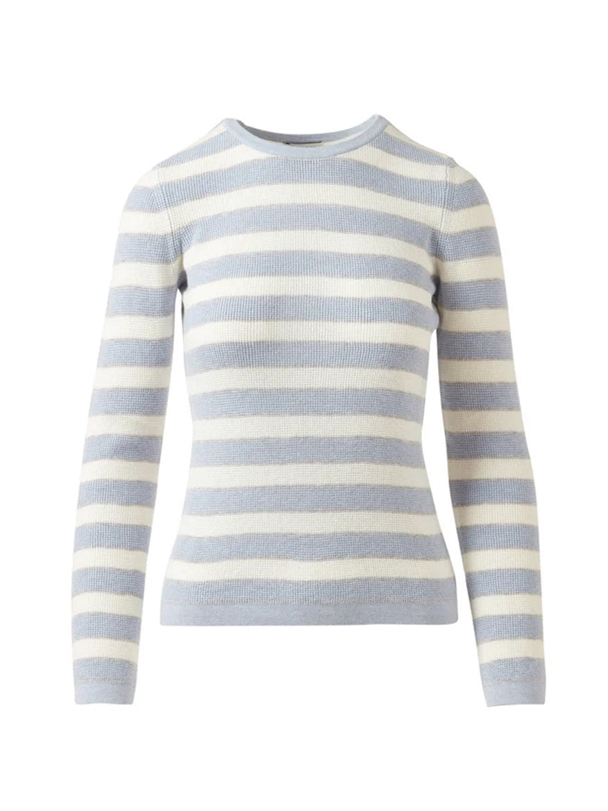 The Kinross Thermal Crew in Steel Multi is a long-sleeve, crew-neck sweater with light blue and white stripes, made from a soft cotton-cashmere blend. Ideal for layering, it's shown on a plain white background.