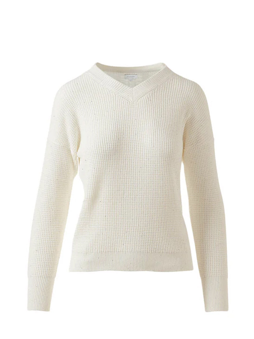 The Kinross Thermal Sequin Vee in Cream is a premium cotton, off-white long-sleeve knit sweater shown on a plain white background.