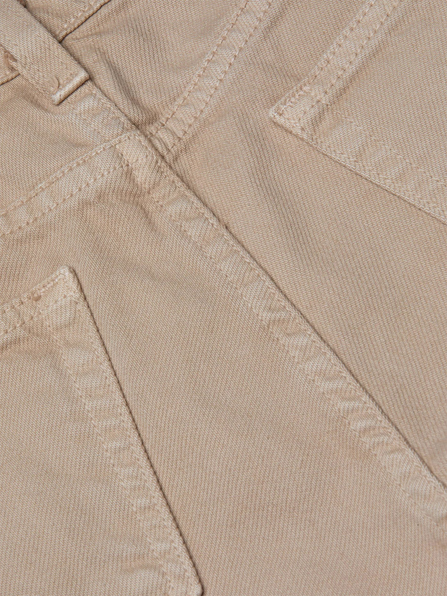 Close-up view of the L'Agence Alicent Wide-Leg Jean in Pale Khaki, showcasing beige denim fabric, detailed stitching, and pocket corners—all expertly crafted in Los Angeles.