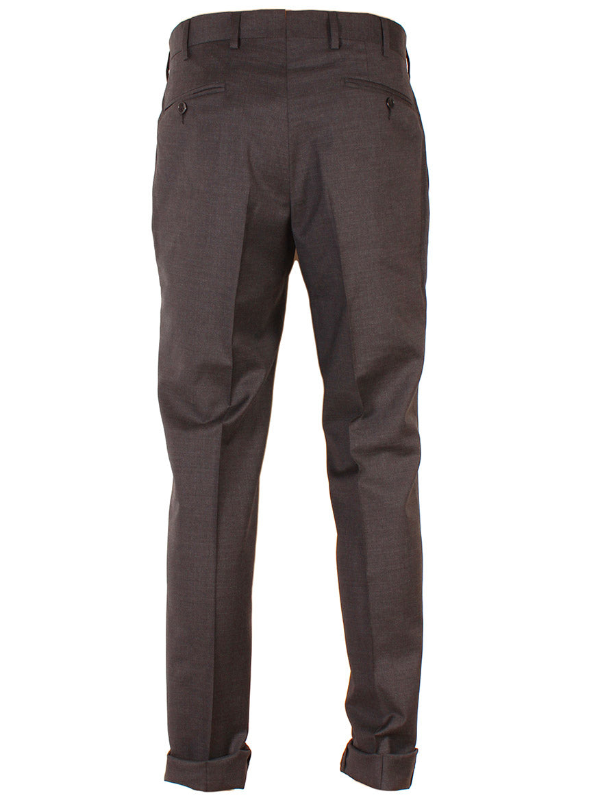 Back view of a pair of charcoal Larrimor's Collection Zelander Wool trousers featuring belt loops, two back pockets with buttons, and rolled cuffs. These flat front trousers offer timeless style and are made in Italy for exceptional quality.