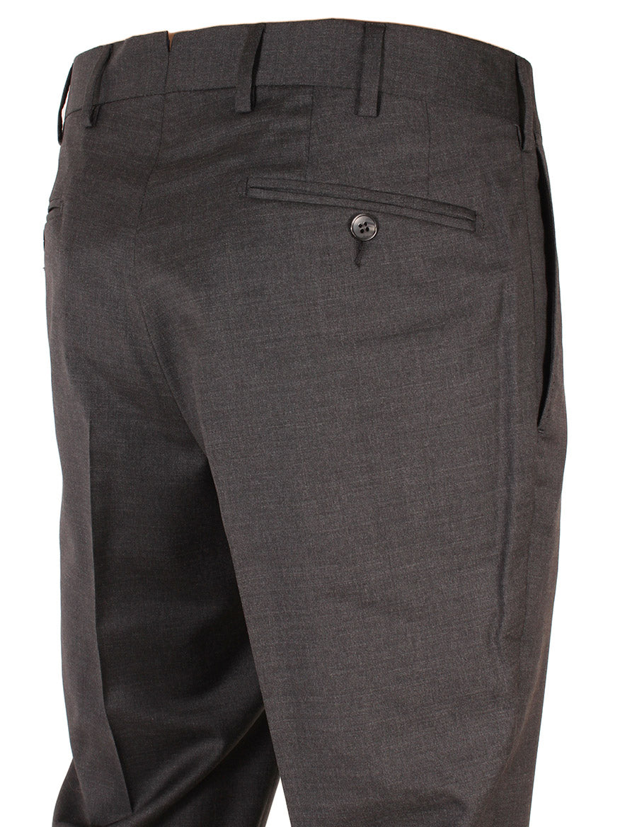 Rear view of a person wearing Larrimor's Collection Zelander Wool Trousers in Charcoal, featuring two belt loops, a buttoned back pocket, and a side pocket.
