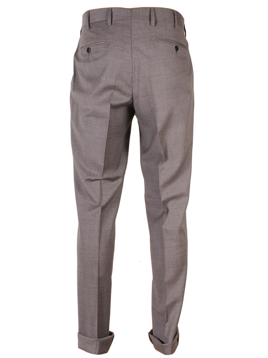 Back view of gray, flat front Larrimor's Collection Zelander Wool Trousers in Light Grey with buttoned back pockets and rolled-up hems. Made in Italy.