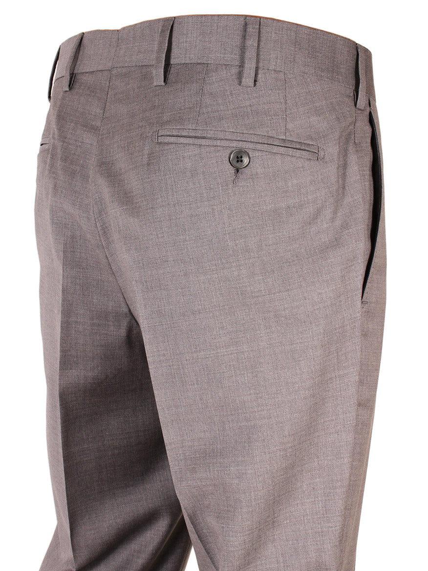 Close-up of the back view of a pair of Larrimor's Collection Zelander Wool Trousers in Light Grey, showcasing a back pocket with a button. Made in Italy from luxurious Loro Piana Merino Wool.