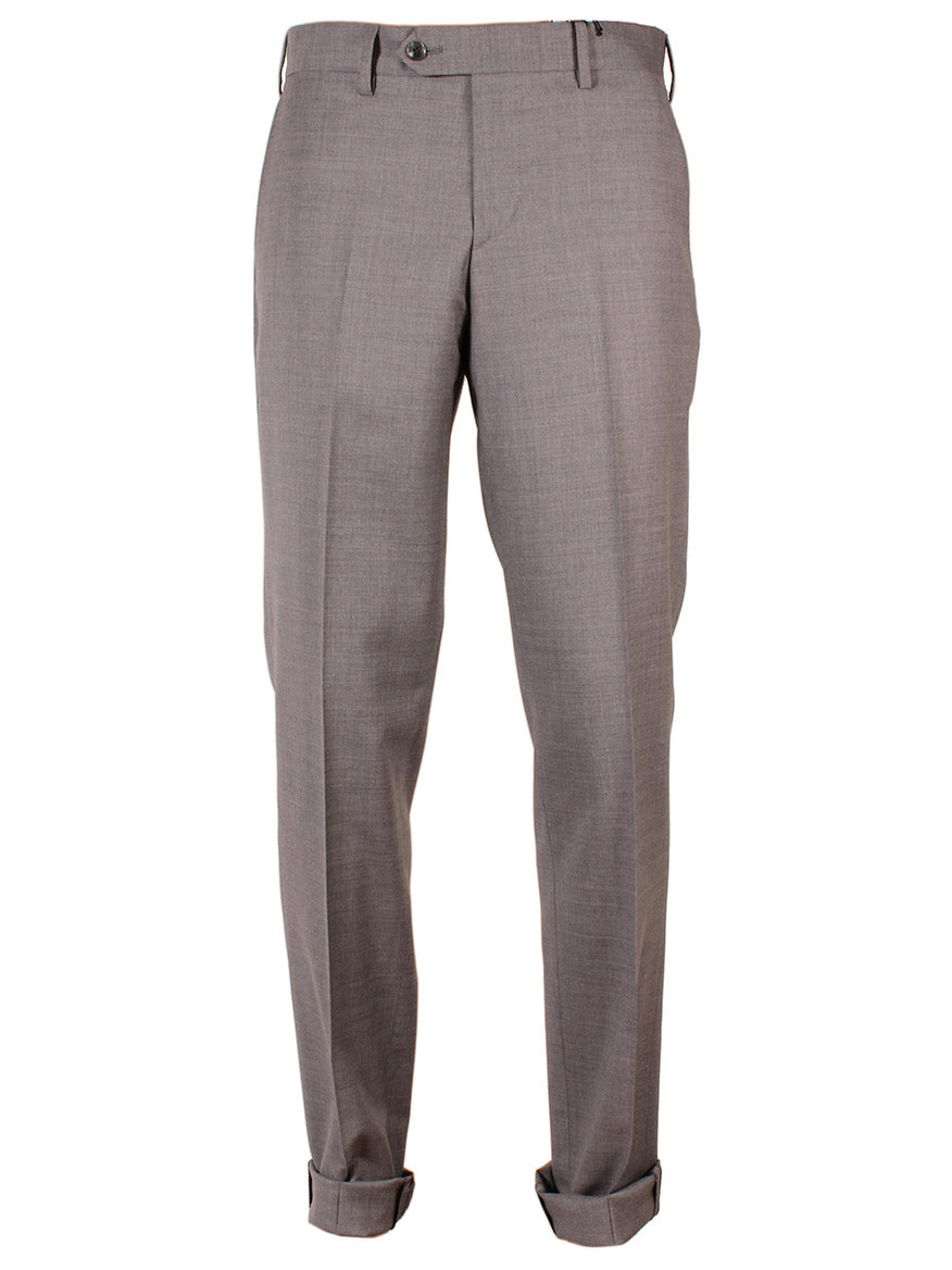 Larrimor's Collection Zelander Wool Trousers in Light Grey with a button and zipper closure, belt loops, and front pleats. These flat front trousers feature rolled-up cuffs. Made in Italy for unparalleled quality and style.
