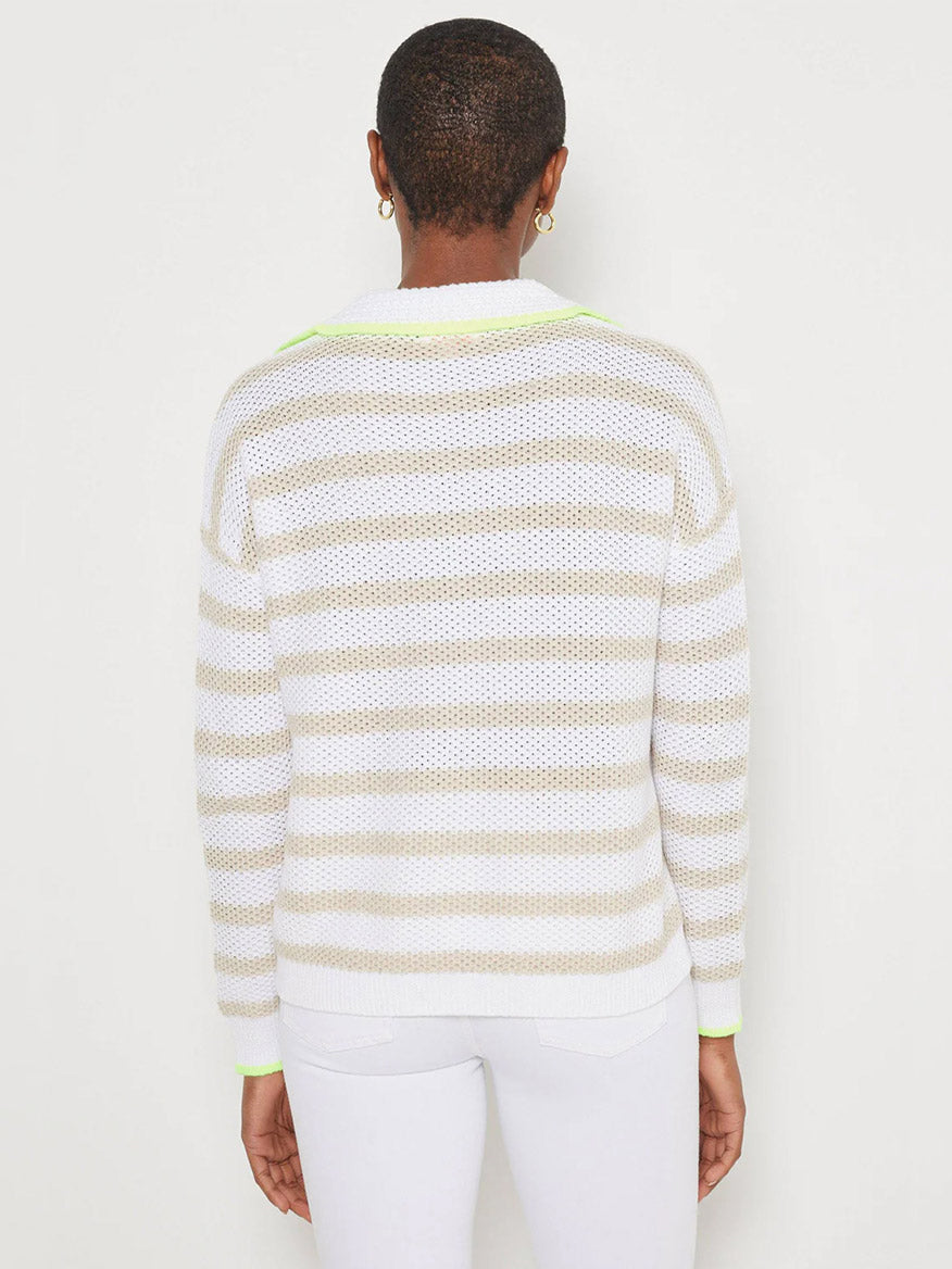 Lisa Todd Stripescape Collared V-Neck Sweater in White/Almond