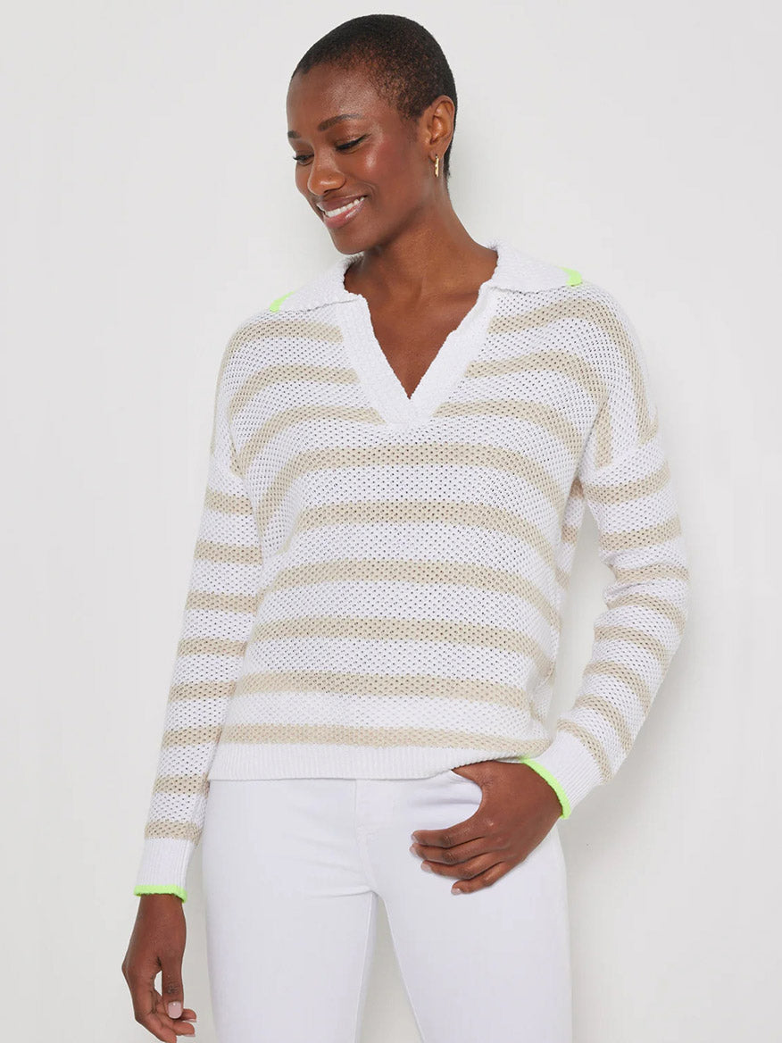 Lisa Todd Stripescape Collared V-Neck Sweater in White/Almond