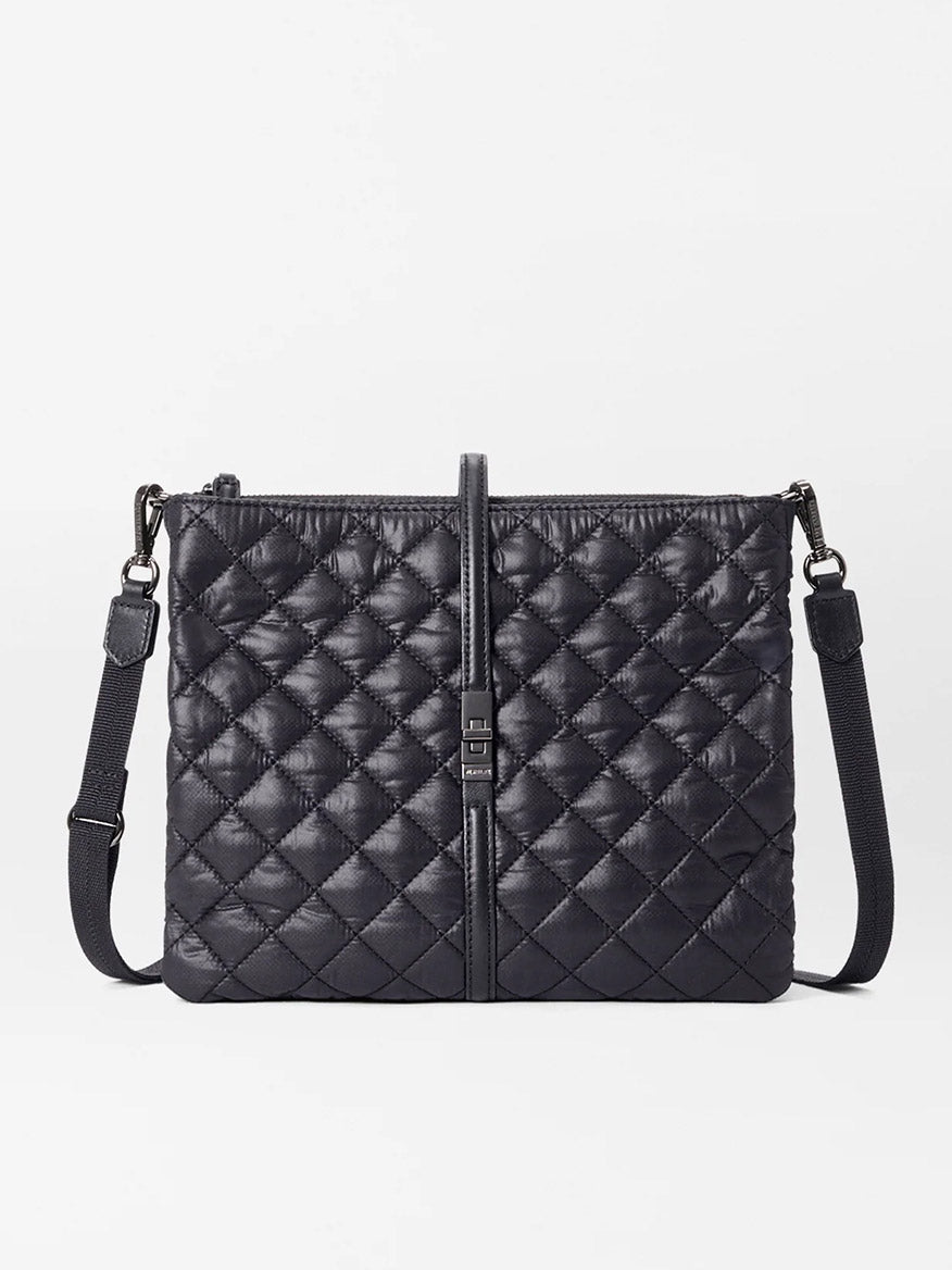 The MZ Wallace Astor Crossbody in Black Oxford, with quilted detailing, features premium Italian leather, an adjustable strap, and a central vertical accent—shown against a plain white background.
