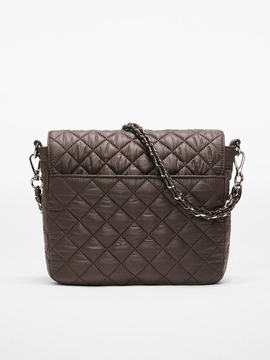 The MZ Wallace Crosby Lock Medium Crossbody in Espresso Oxford is a brown nylon quilted designer bag with a chain strap, ideal for stylish crossbody wear, shown against a plain white background.