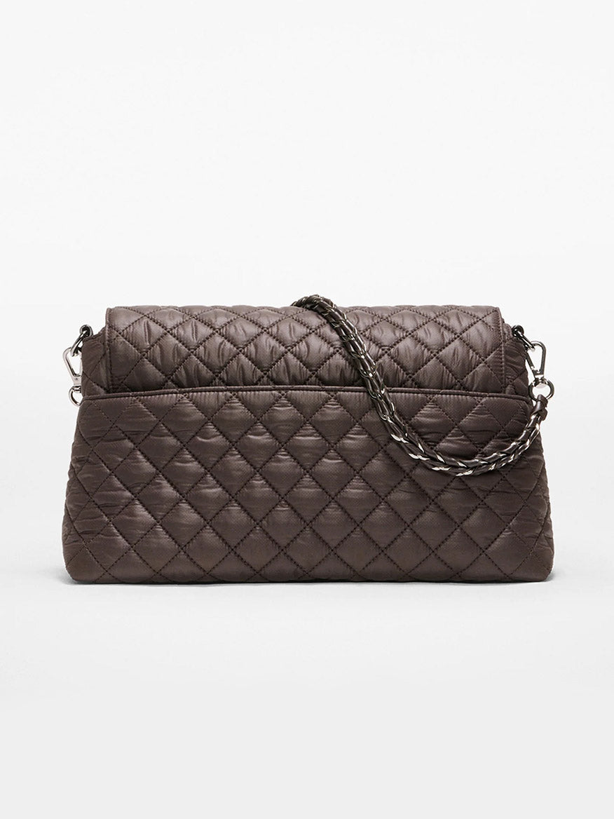 The MZ Wallace Crosby Lock Shoulder in Espresso Oxford features quilted dark brown Italian leather with a chain and crossbody strap, shown against a plain white background.